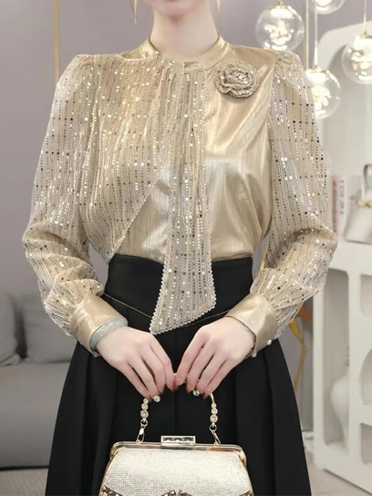 Chiffon Loose Small Stand Up Collar Bow Blouse for Women