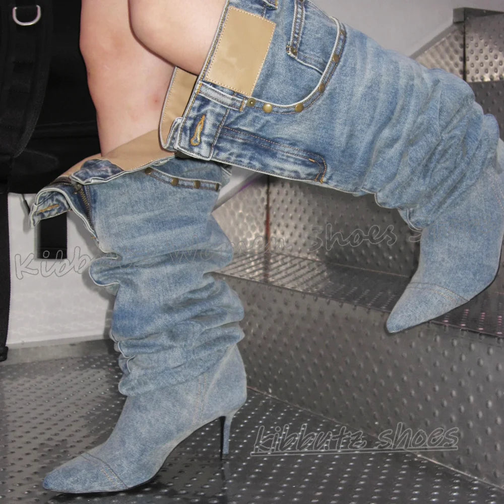 Pocket Over The Knee Boots Denim Cloth Slip-On Bottom Solid Color Novelty Fashion Concise Sexy Hot Girls Shoes Pointy Thin Heels