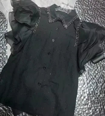 Diamond Stitch Jacquard Cotton Blouse With Ruffles for Women