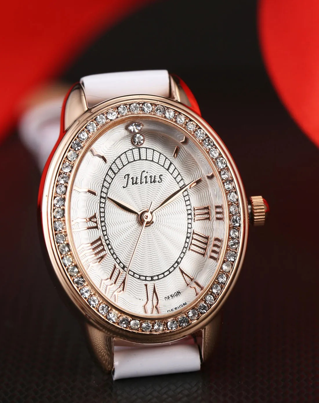 Small Oval Rhinestones Julius Lady Women's Watch Japan Quartz Elegant Fashion Hours Bracelet Leather Girl's Gift Box