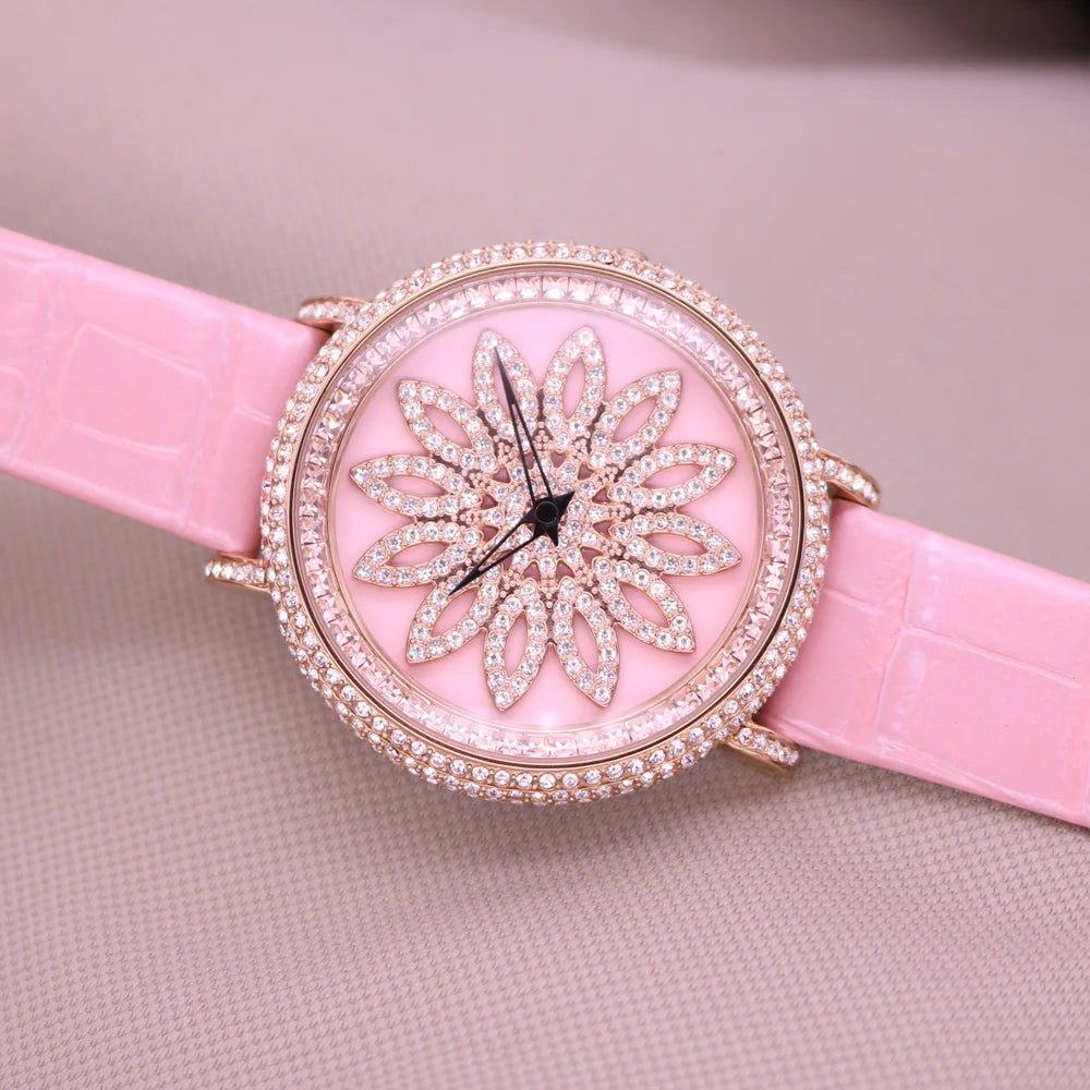 Luxury Davena Spin Snow Flower Women's Watch Japan Mov't Crystal Lady Hours Fine Fashion Real Leather Bracelet Girl's Gift Box