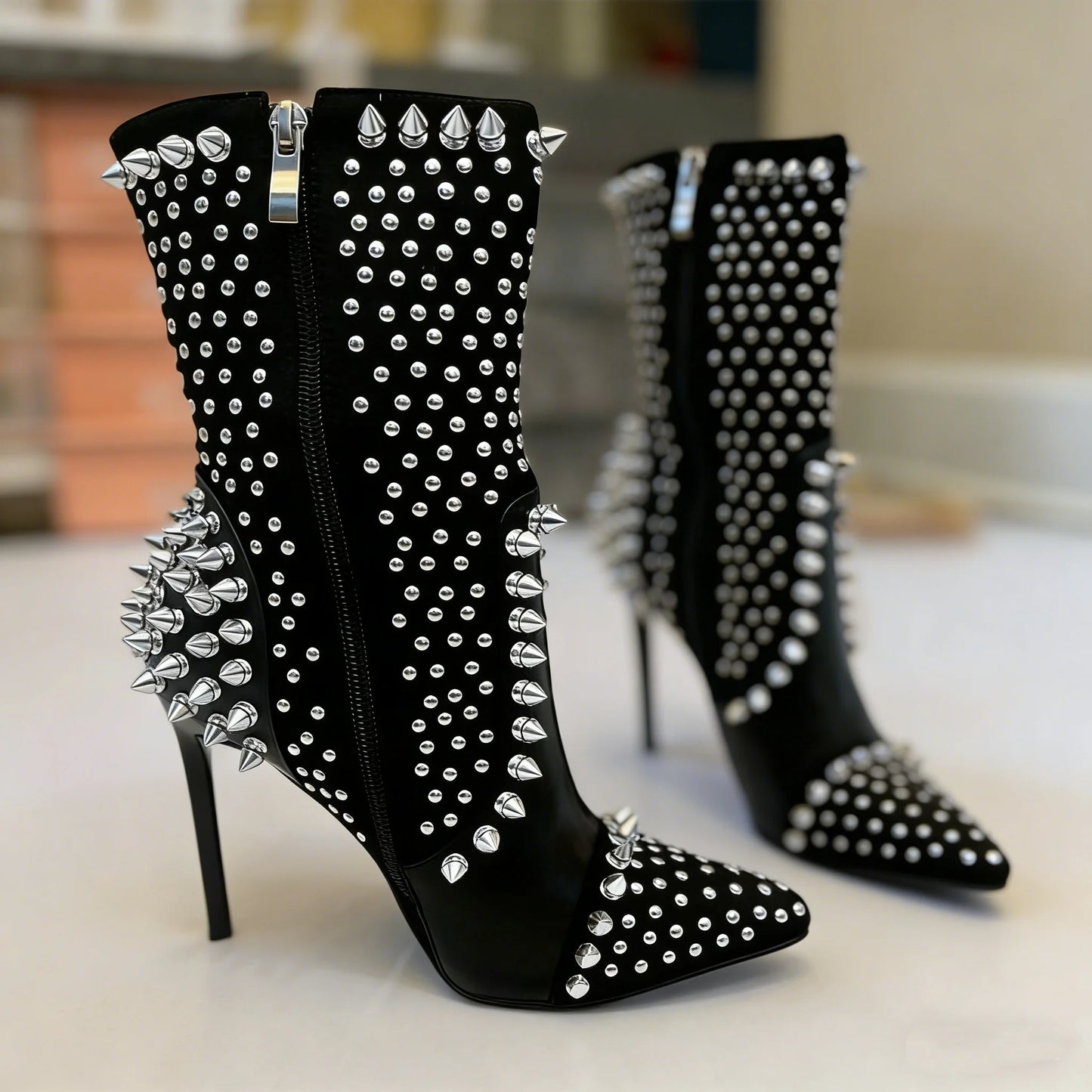 Punk Style Pointed Toe Rivet Side Zipper Mid-Calf Boots for Women