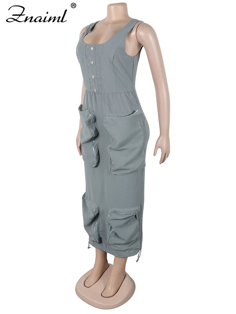 Znaiml Mult Pockets Patchwork Bodycon Mid Dress Woman Sleeveless Backless Zip Gray Cargo Dresses Birthday Club Party Vestidos