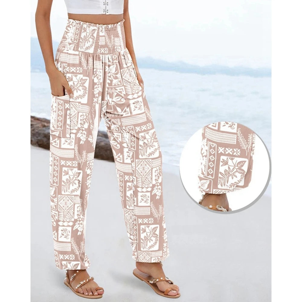Women's High Waist Floral Print Pocket Cuffed Pants – Casual Sporty Streetwear Trousers with Shirring Elastic Waist