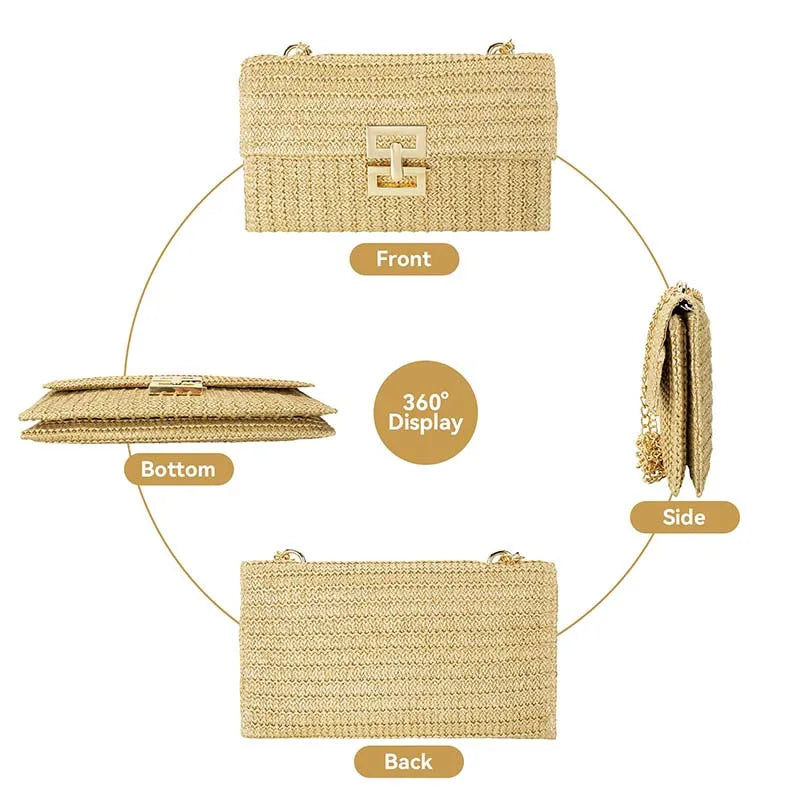 Straw Envelope Evening Party Handbag Fashion Women Weave Pattern Gold Clutch Messenger Purses Lady Daily Commuting Wallet Bags