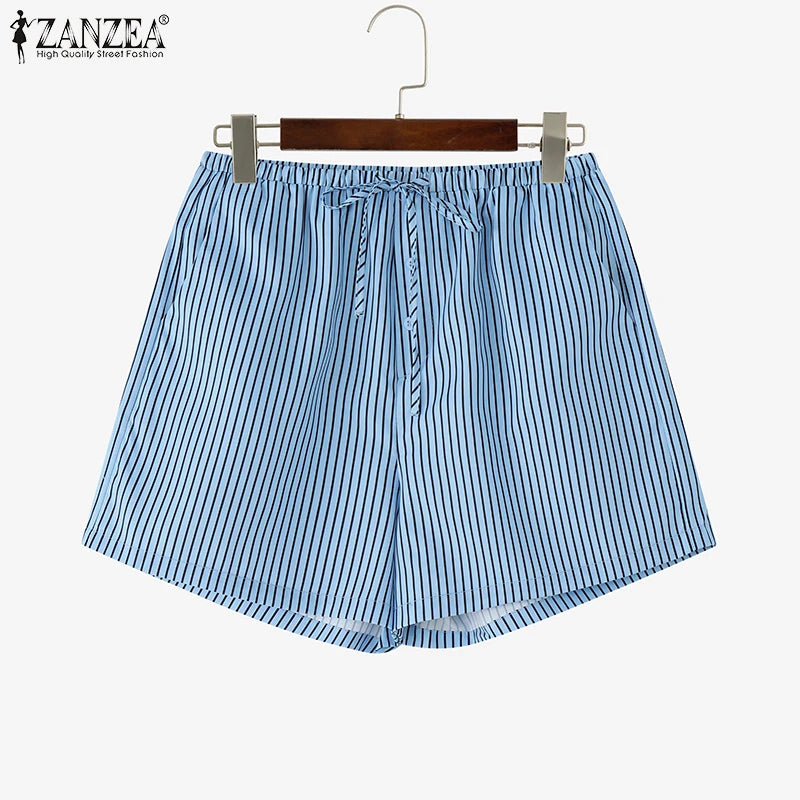 ZANZEA Woman Fashion Striped Shorts 2025 Summer Lightweight Elastic Waist Lace-Up Short Trousers Casual Loose Day Wear Bottoms