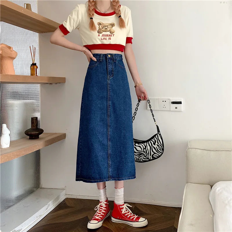 New 2022 Spring-Autumn Medium-Length Denim Skirt For Women High-Waisted Slimming Plus Size Curvy Girls A- Line Hip Covering Skir