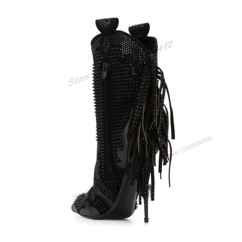Black Tassel Crystal Decor Ankle Boots Pointed Toe Shoes for Women Thin High Heels Sexy Runway Shoes 2025 Zapatos Para Mujere