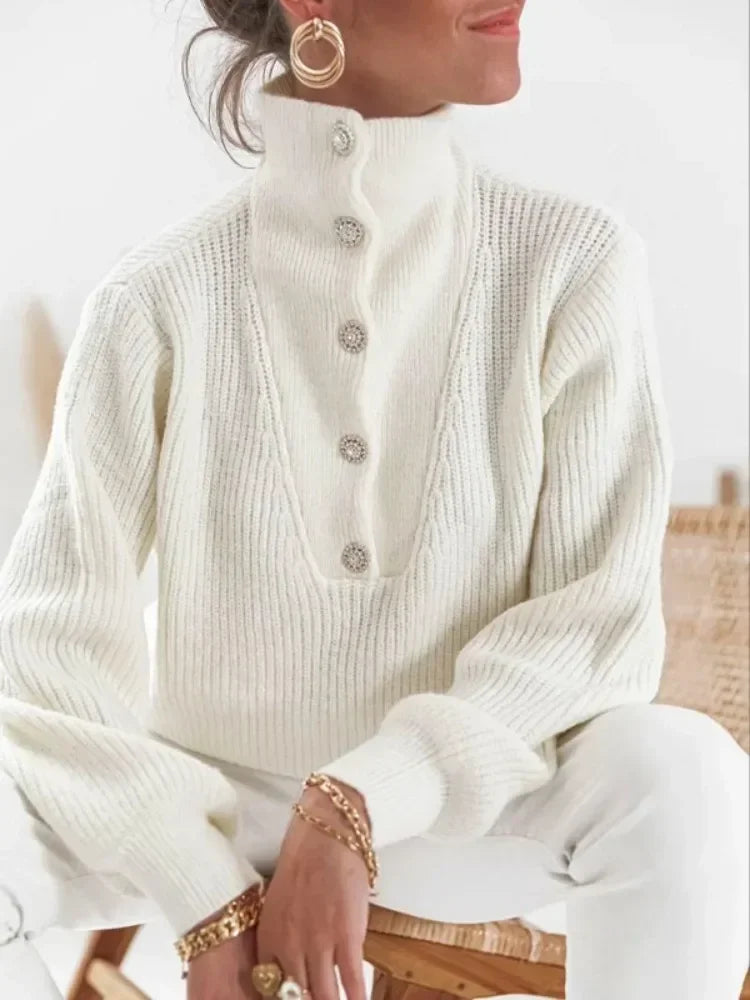 Casual White Pullovers Sweaters Female Fashion Long Sleeves Buttoned High-Neck Sweater Tops Fall Clothes 2025 Women
