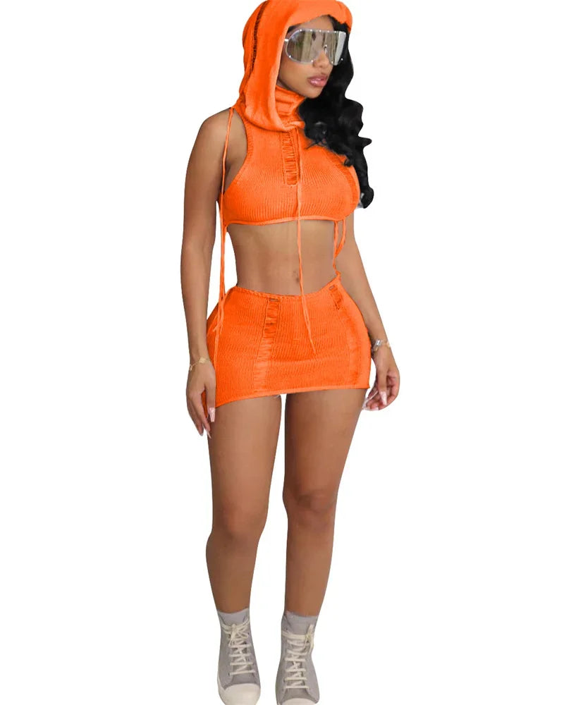 Crochet Hooded Knitted Two Piece Skirt Set for Women