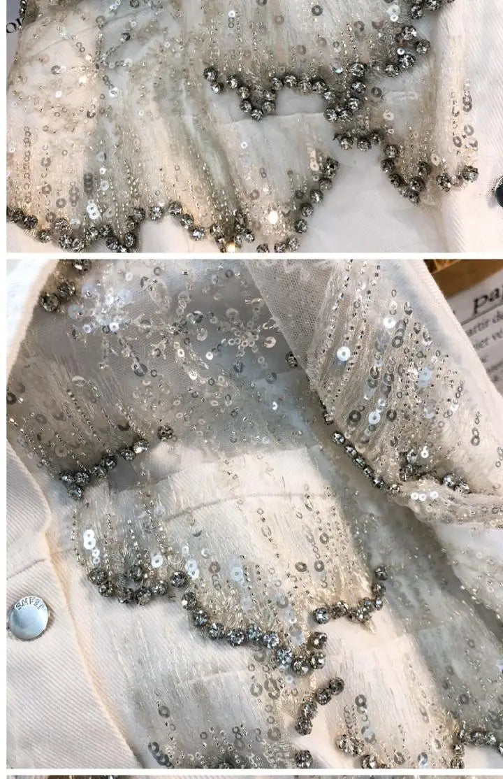 Mesh Sequined Denim Jacket for Women, Loose Coat and Stylish Top Trend for Spring 2025