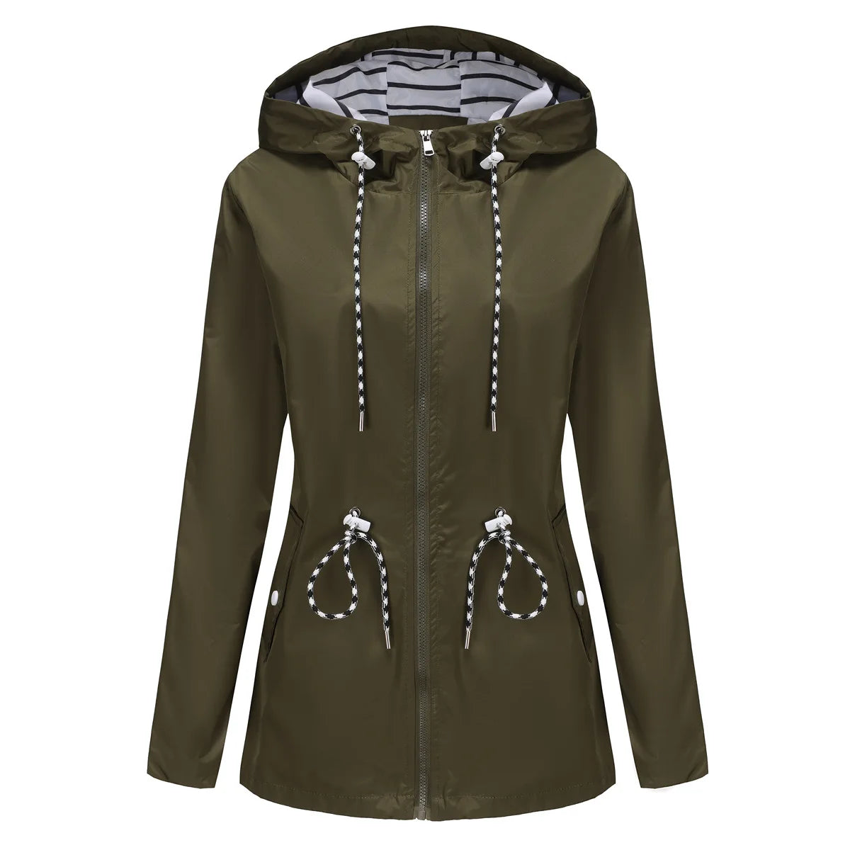 Women Outdoor Windbreaker Casual Loose Hooded Waterproof Raincoat Long Sleeve Solid Color Mid-length Zipper Hiking Jackets