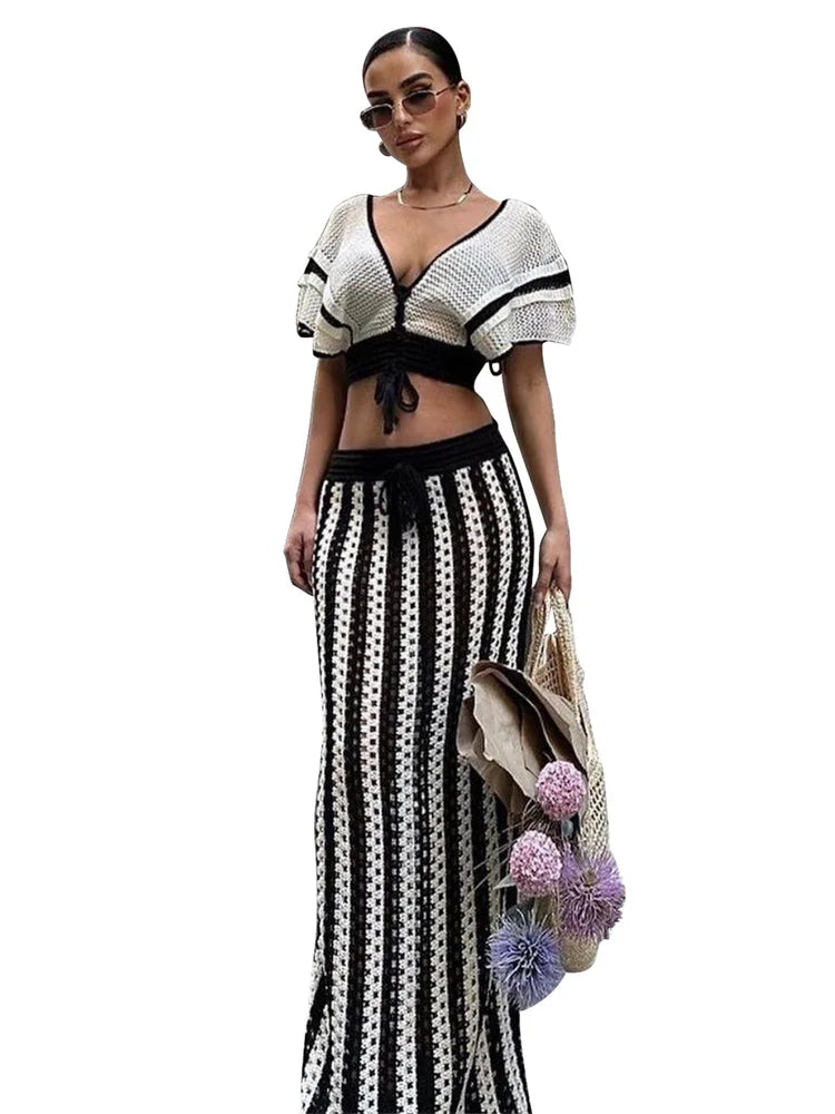 Wmstar Women Two Piece Set Sexy Elegant Knitted Crochet Beach Stripe Crop Tops Long Skirts Matching Set Holiday Birthday Outfits