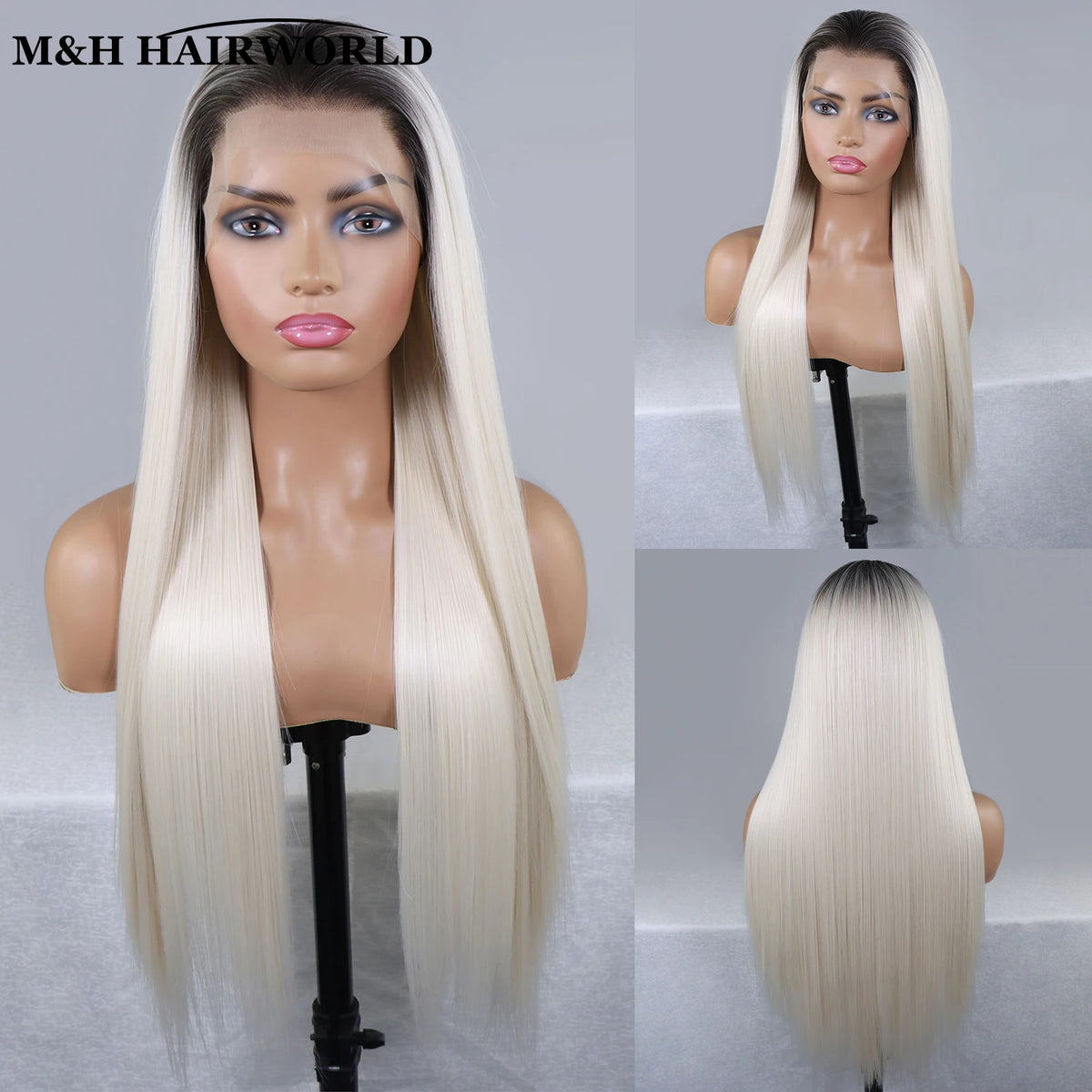 13X3 Glueless Frontal Lace Wigs For Women Long Wavy Synthetic Hair Lace Front Wigs Ombre Platinum Blonde Heat Resistant Hair Wig