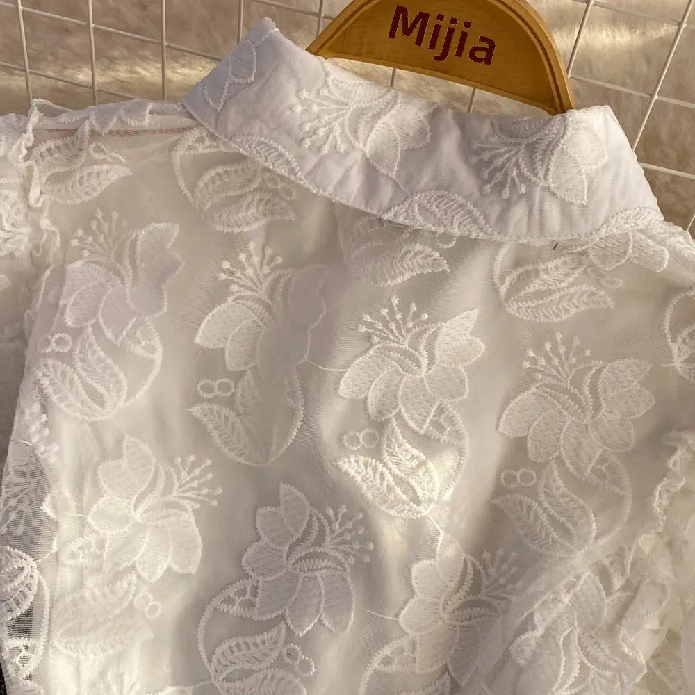 Vintage Elegant Lapel Single-Breasted White Embroidery Puff Sleeve A- Line Cake Dress Cross-Border Summer 2022