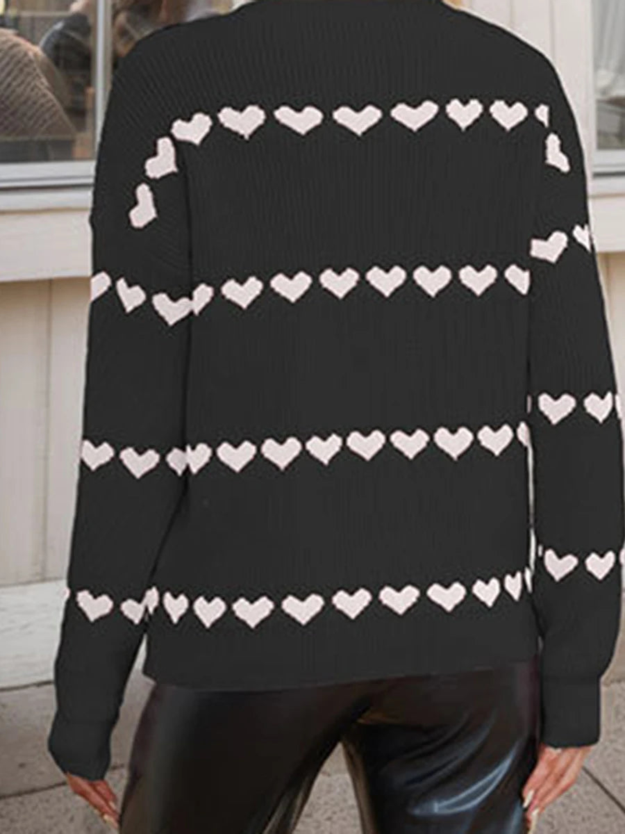 Women Valentine's Day Knit Sweater Heart Print Long Sleeve Round Neck Pullovers Fall Winter Casual Loose Knitted Jumpers Tops