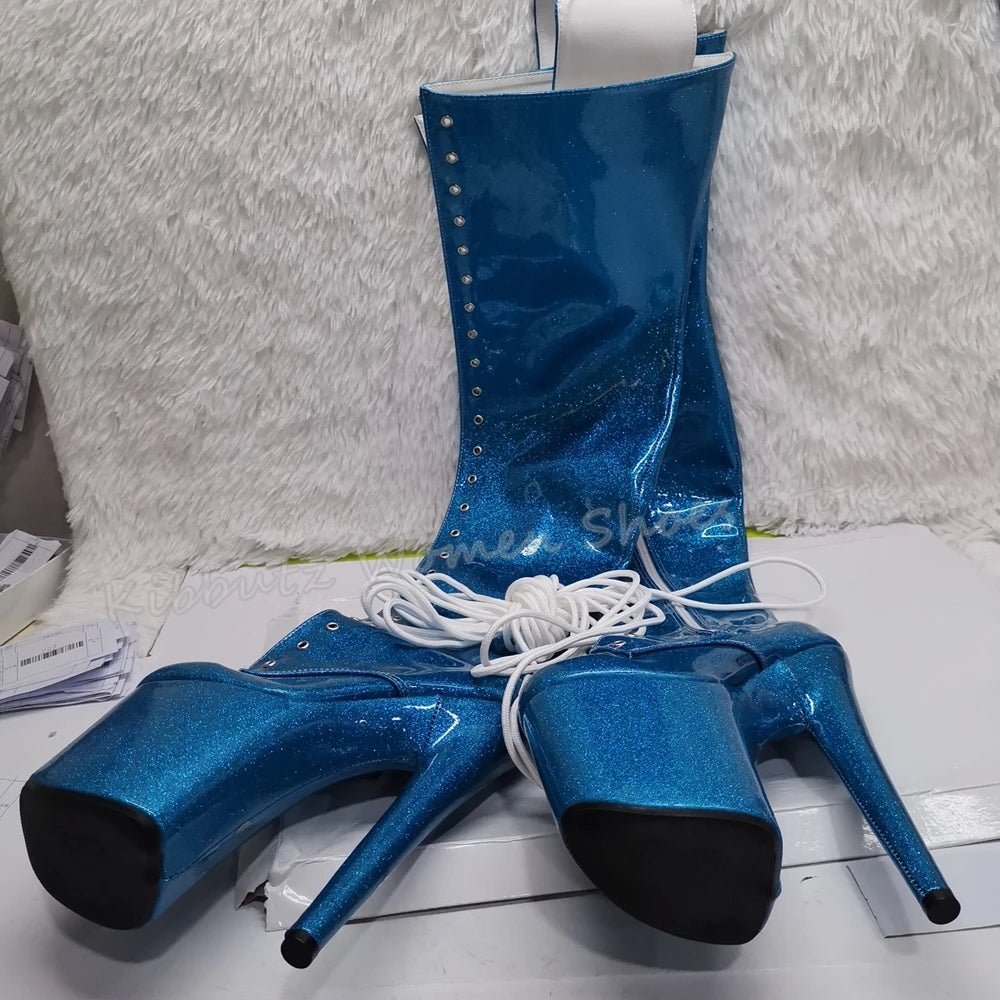 Belt Buckle Boots Over The Knee Platform Solid Color Lace-Up Thick Bottom Party Sexy Nightclub Fashion Patent Leather Shoes New