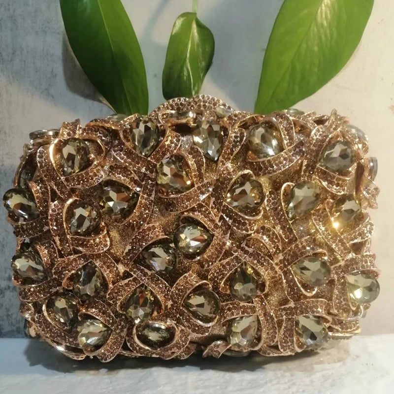 Women Gold/Silver/Green Big Stones Clutch Purse Lady Evening Bags Wedding Party Rhinestone Handbags Ladies Gala Clutches Bags