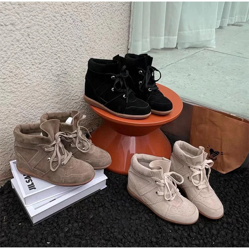 Brand Frosted Splicing Sneakers Women Fashion Versatile Casual High-top Shoes Inner Height Increase Textured Design Casual Shoes