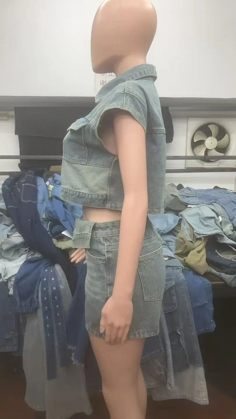 Joskaa Patchwork Stretch Denim 2 Piece Sets Women Lapel Button Pocket Tank Tops and Irregular Shorts Matching 2025 Streetwear