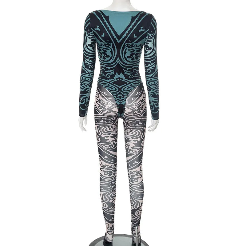 Joskaa 2025 Women's Abstract Print Two Piece Set Sexy Round Neck Long Sleeve Bodysuit + Skinny Pants Matching Y2K Streetwear