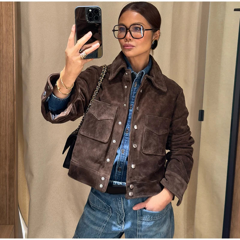 Big Pockets Suede Short Women's Jackets Vintage Lapel Single Breasted Full Sleeve Jacket Lady 2025 Spring Fashion Streetwears