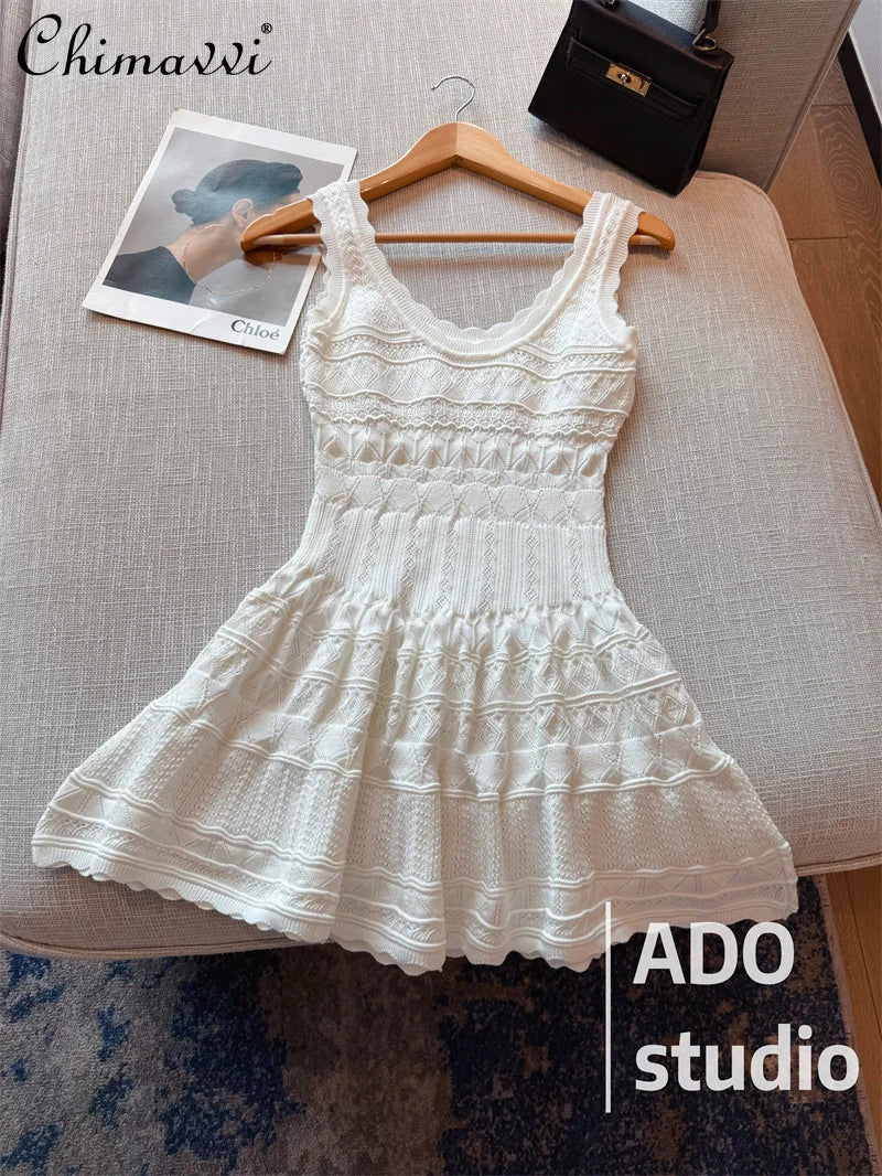 White Sweet A-line Ruffle Edge Knitted Vest Dress Women's Summer French Fashion Slim Temperament Sexy Girl Hollow Short Dress