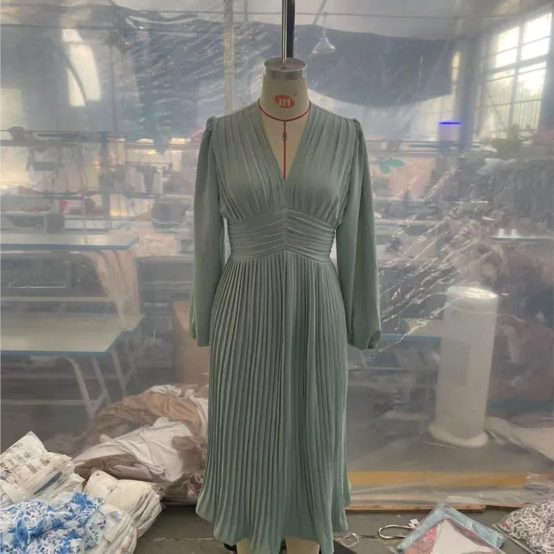 Luxury Dinner Evening Long Dress 2025 Spring Women Club Party Dress Pleated Elegant Dress Female Solid V Neck Clothing