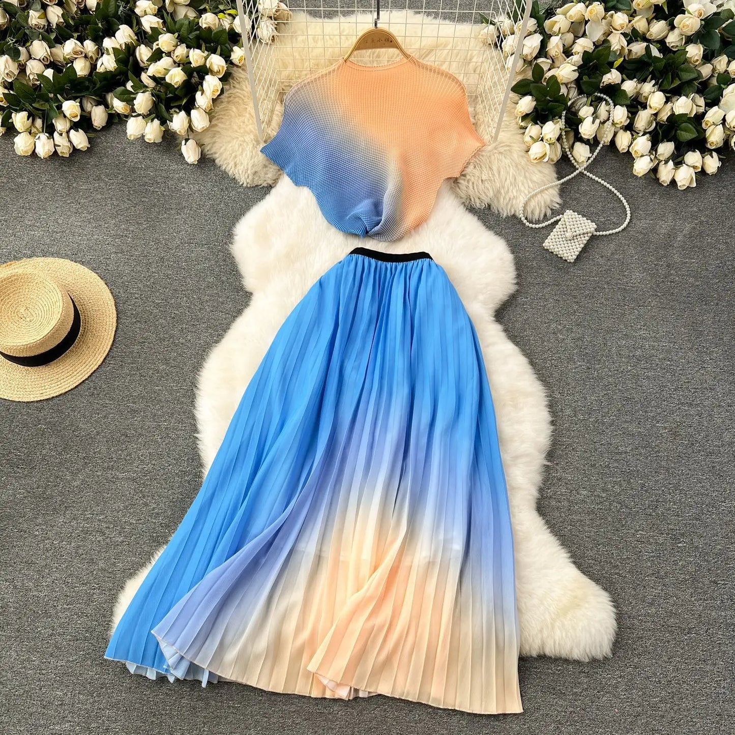 Summer Contrast Color Miyake 2 Pieces Set Women's Short Sleeve High Stretch Pullover Shirt Top+Long Pleated Chiffon Skirt Suit