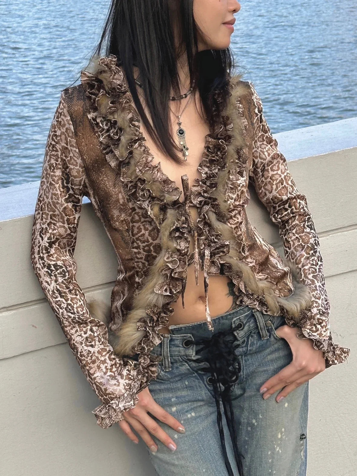 Karrram Japanese Y2k Leopard Print Shirt Vintage Harajuku Fur Shirt Grunge Aesthetics V-neck Irregular Blouses American Retro