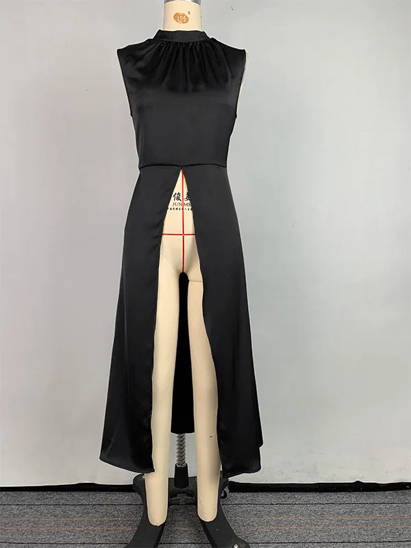 Beautyblue Fashion Women's Vest Black X-long Tops Summer New Loose Front Slit Round-Neck Sleeveless Simple Casual Female Clothes