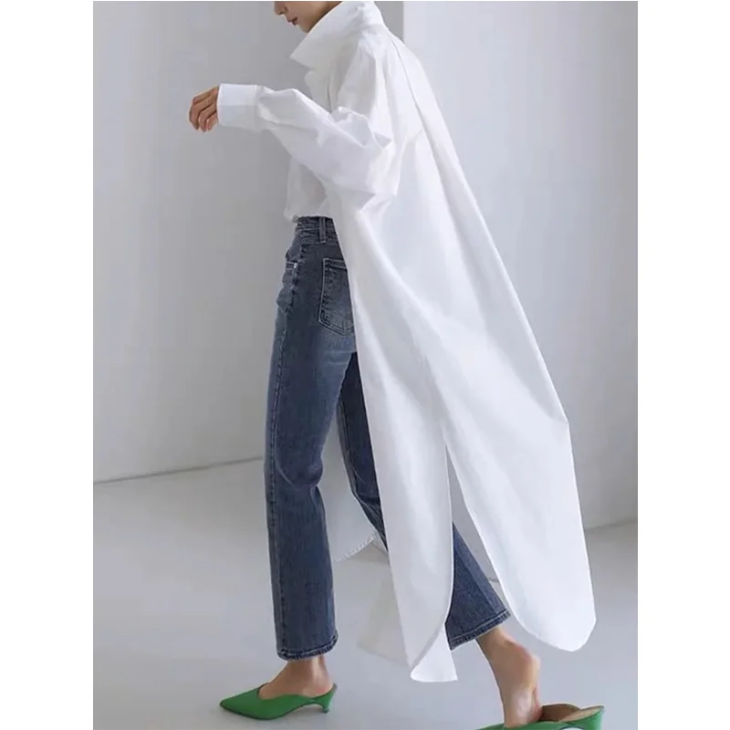 Women's Shirts Dress 2024 New Spring Summer Fashion Long Sleeve Loose Buttoned Solid Color Split-Side Lapel Casual Blouse