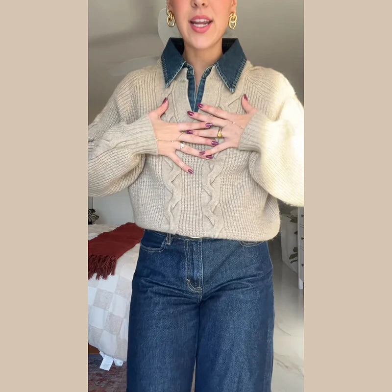 Long Sleeve Denim Collar Half Button Knit Top For Women