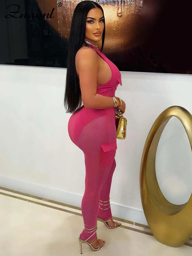 Znaiml Women's Two 2 Piece Pants Sets Sexy Deep V-neck Halter Sleeveless Backless Pocket Tops and Mesh Trousers Night Club Suit