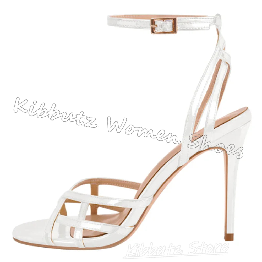 Concise Sandals Buckle Strap Leather Solid Color Hollow Round Toe Thin Heel Fashion Luxury Elegant Party Wedding Women Shoes New