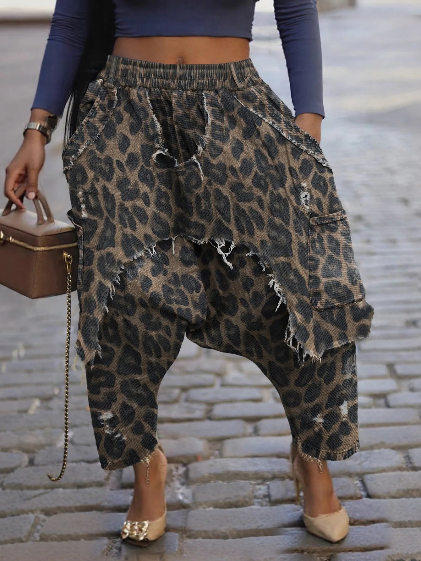 Drawstring Tie Dye Camouflage Ripped Harem Pants for Women