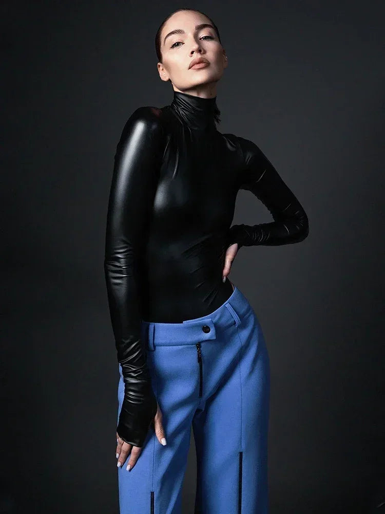 Women Faux Leather Bodysuits Long Sleeve High Neck Slim Jumpsuits Ladies Sexy Stretch Bodycon Bodysuits Party Clubwaer Custom