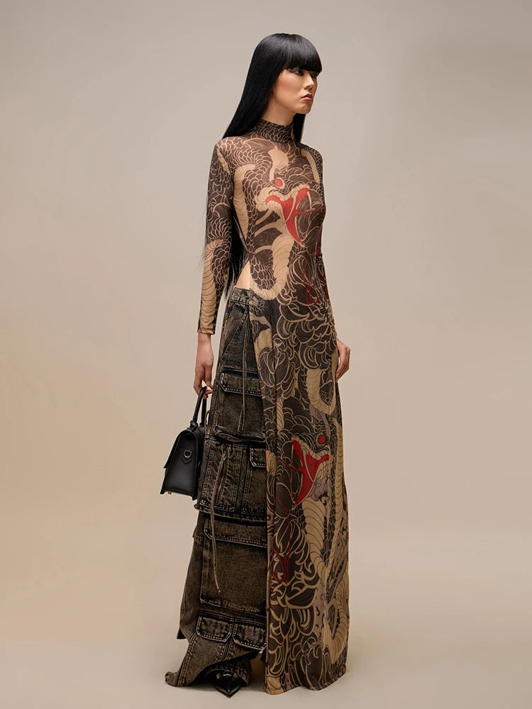 Snake Print High Neck Long Sleeve Sheer Blouse Top for Women