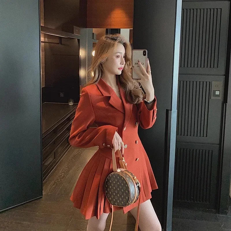Elegant Double-Breasted Suit Dress Skirt Style Polyester Fiber Full Sleeve Regular Neckline Empire Waist Midi Length Dress