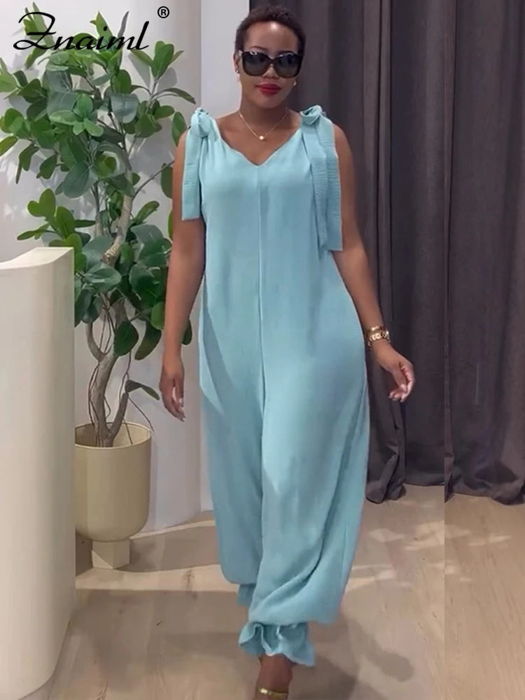 Znaiml Casual Lace-up Bandage Jumpsuit Green Loose Wide Leg Jogger Pants Women V-Neck Sleeveless New In One Pieces Rompers 2025