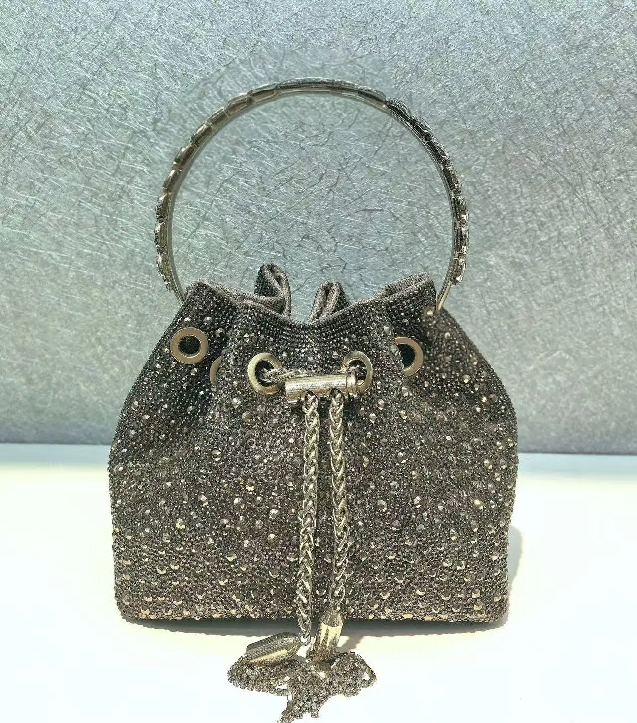 Crystal Shiny Diamonds Bucket Bag Fashion Women Handbag Metal Ring Handle Evening Bag Wedding Party Clutch Purse Crossbody Bag