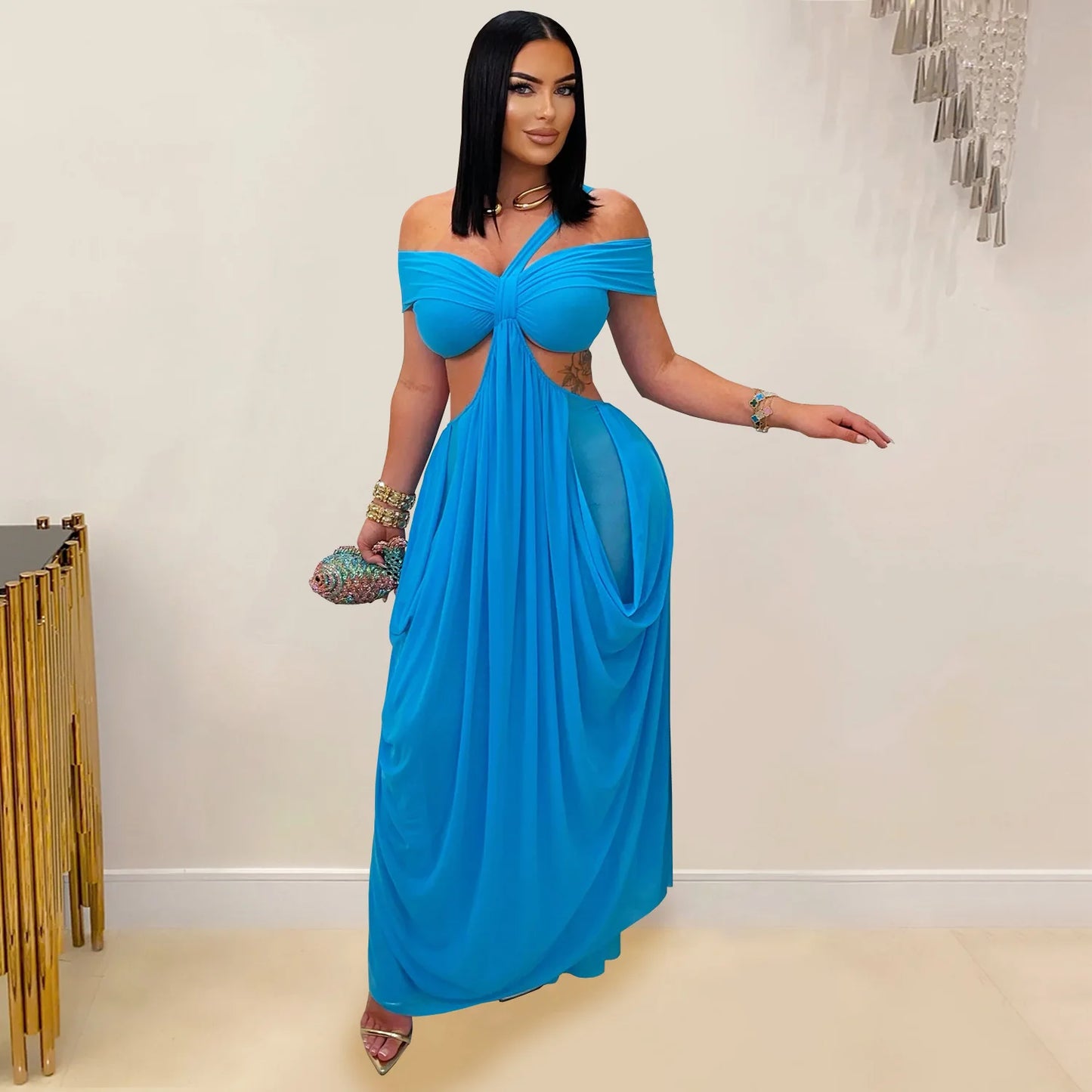 Joskaa 2025 Women's Elegant One Shoulder Strapless Mesh Irregular Maxi Dress Sexy Hollow Backless Skinny Evening Gown Clubwear