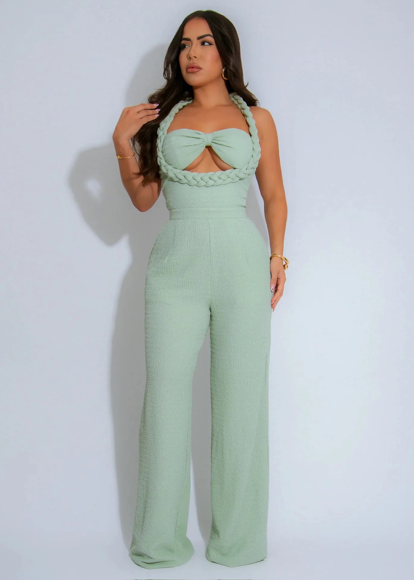 CM.YAYA Women Weave Halter Neck Backless Wide Leg Jumpsuit 2025 Chic Summer Sexy Party Club Night One Piece Suit Playsuit Romper