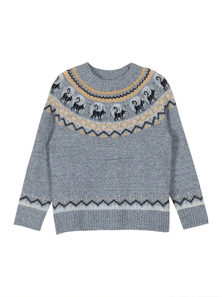 Plus Size Women's Retro Pattern Long Sleeve Sweater Round Neck Pullover Grey Best Choice for Autumn and Winter
