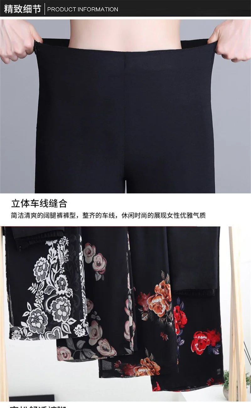 Double Layer Printed Chiffon Wide Leg Pants For Women's Summer New High Waisted Loose Dance Swing Pants Drooping Skirt Pants LA