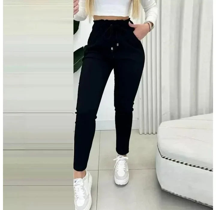 Casual Skinny Pants Women Fashion Drawstring Waist Button Decor Lined High Waist Pocket Daily Trousers Y2k 2024 Spring Autumn