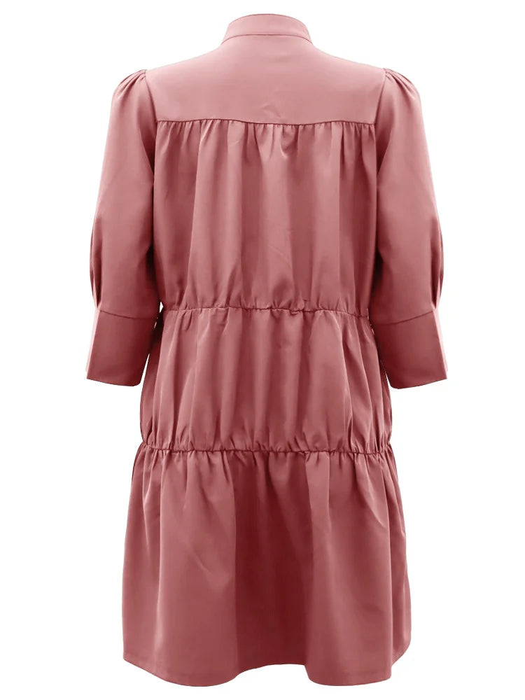 Wmstar Elegant Women Summer Solid Color Short Dress Fashion Long Sleeve High Neck High Waist Clothes Party Casual Mini Dresses