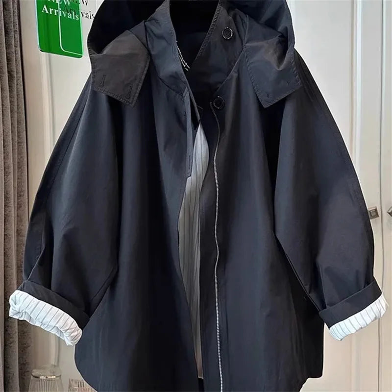 Fem Cotton Trench Coat For Women Casual And Versatile Loose And Slimming Autumn Simple Hooded Long Jacket For Women Windbreaker