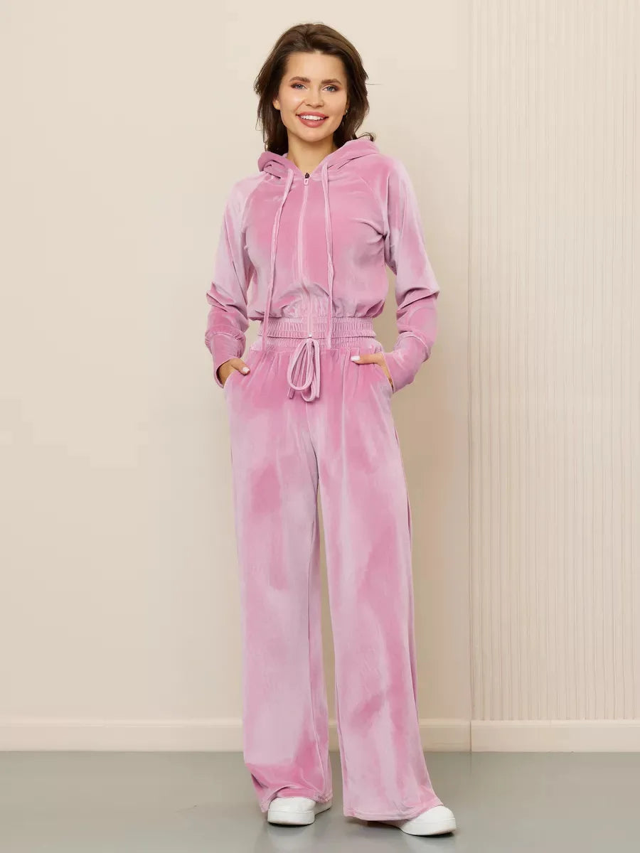 Fleece Hoodie and Lace Up Trousers Two Piece Set for Women