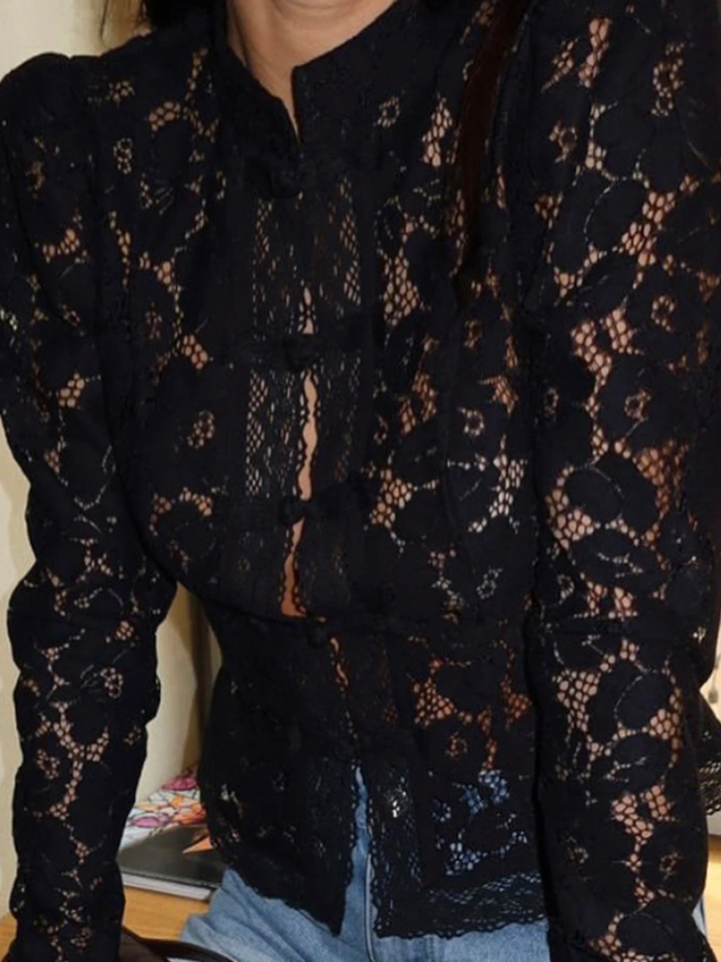 Women s Floral Lace Blouse Long Sleeve Button-up Fit Elegant Spring Sheer Top for Work or Date Night